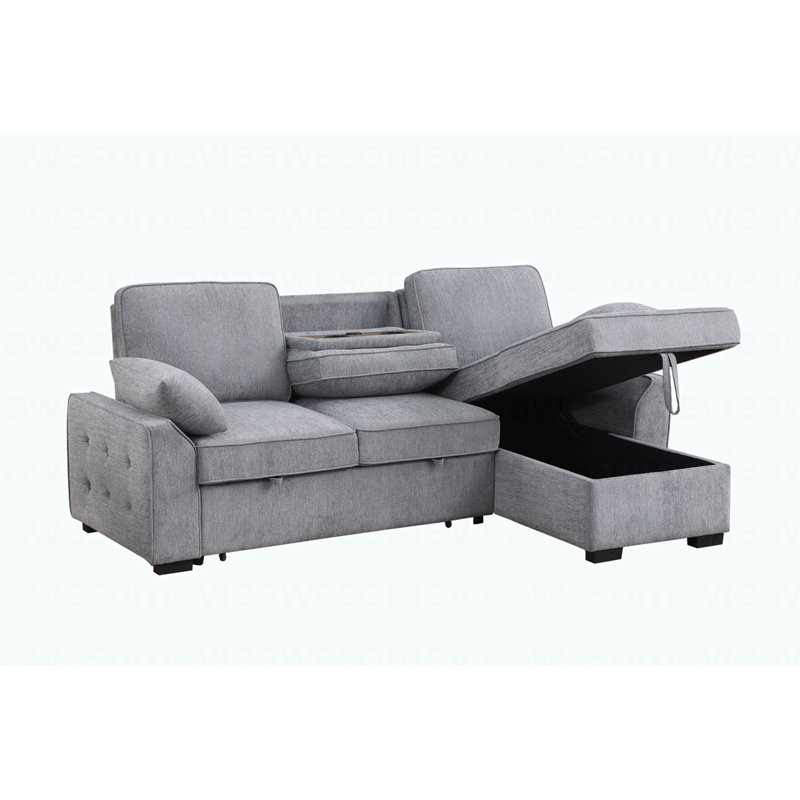 Modern 91"W Light Gray Chenille Fabric Reversible Sleeper Sectional With Storage Chaise, Drop-Down Table, Cup Holders And Charging Ports