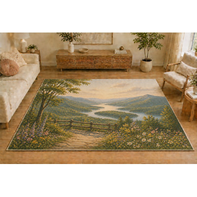 "Ultra Thin" 5' x 7'Mountain Lake Overlook Area Rug, Soft Low Pile Indoor Rug with Non-Slip Silicone Backing, Scenic Carpet for Living Room, Bedroom, Office, Family Room, Sage Green