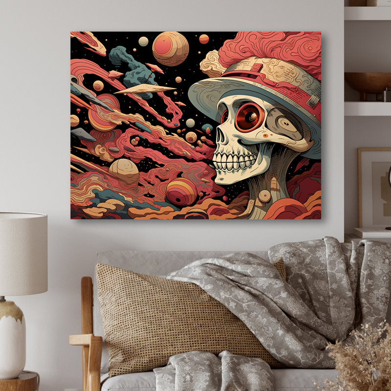 Illustration squelettique élégante du crâne à la mode I - art mural en métal mode crâne, H 24 po x l 32 po x P 1 po