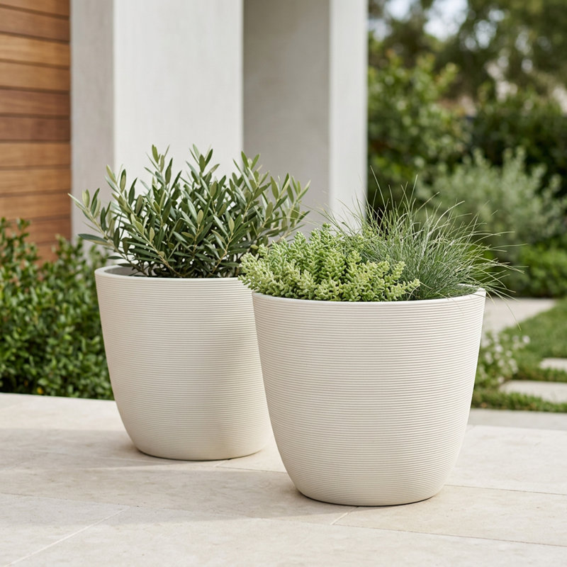 Tahmina Ribbed Round Composite Planter Set, 11" H x 14" W x 14" D, White, 2