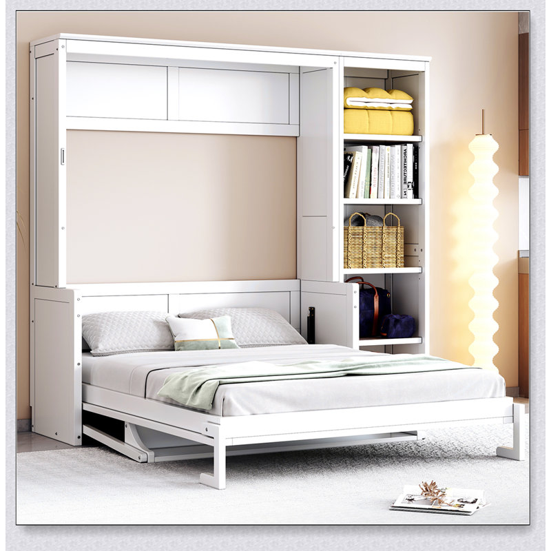 Murphy Bed With Desk And Bookshelf, Lit double, Blanc