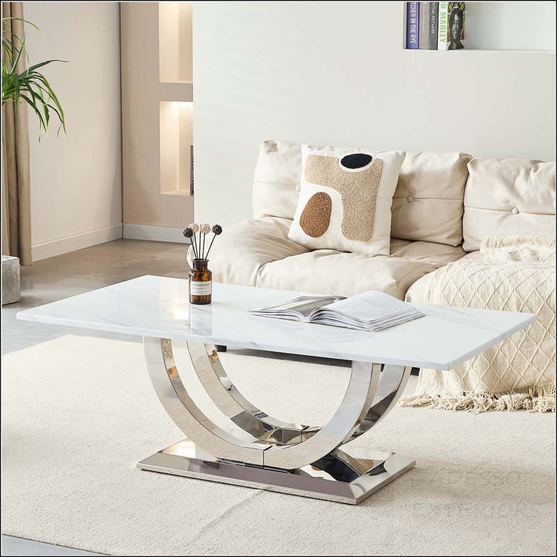 Rectangular Coffee Table with Marble Pattern MDF Top and Silver Stainless Steel Base