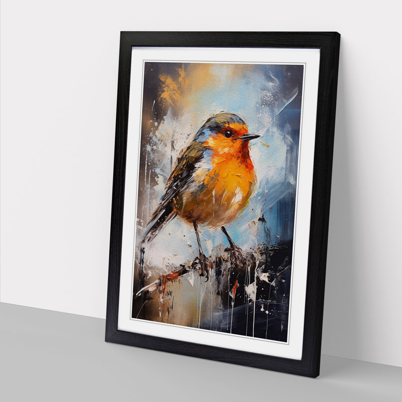 Robin Bird Action Painting - Single Picture Frame Print on Wood, Black, 46cm H x 34cm W x 2cm D