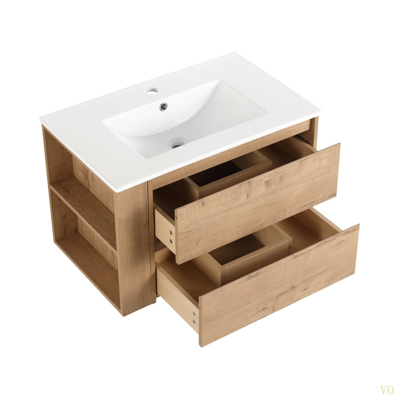 Meuble-lavabo mural 30 po avec lavabo en céramique à 2 tiroirs à fermeture en douceur