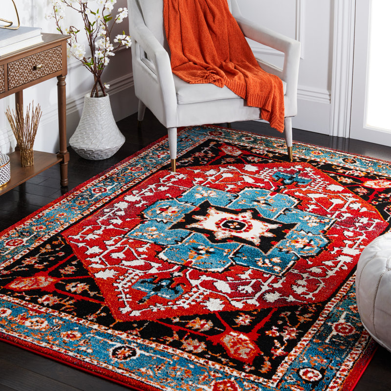 Tapis rétro bleu / rouge Hamadan 259, Rectangle 6 pi 7 po x 9 pi