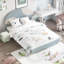 Structure de lit double avec tête de lit ronde rembourrée, conception en forme d'arche en bleu doux et blanc, lattes de bois, aucun sommier requis-1807732340-1807732341
