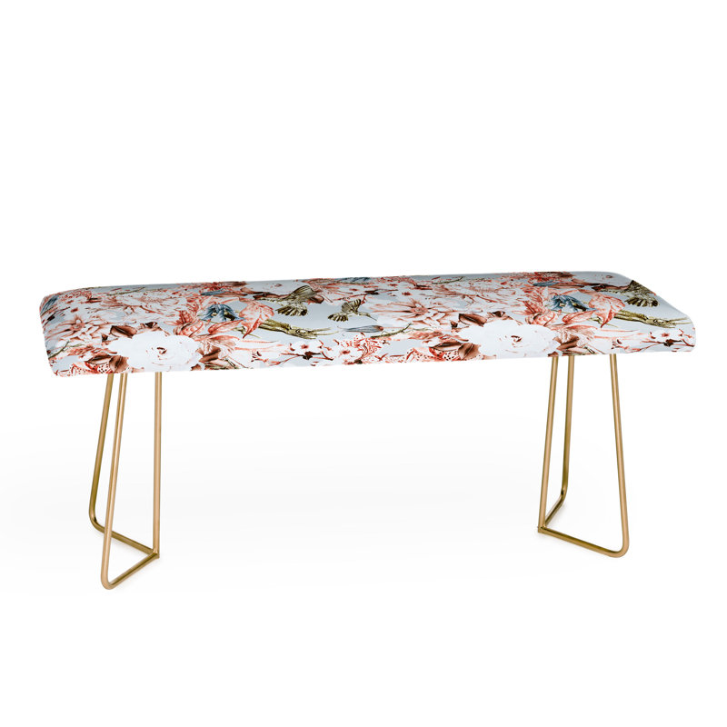 Marta Polyester Upholstered Bench, Orange/Ivory/Green/Floral