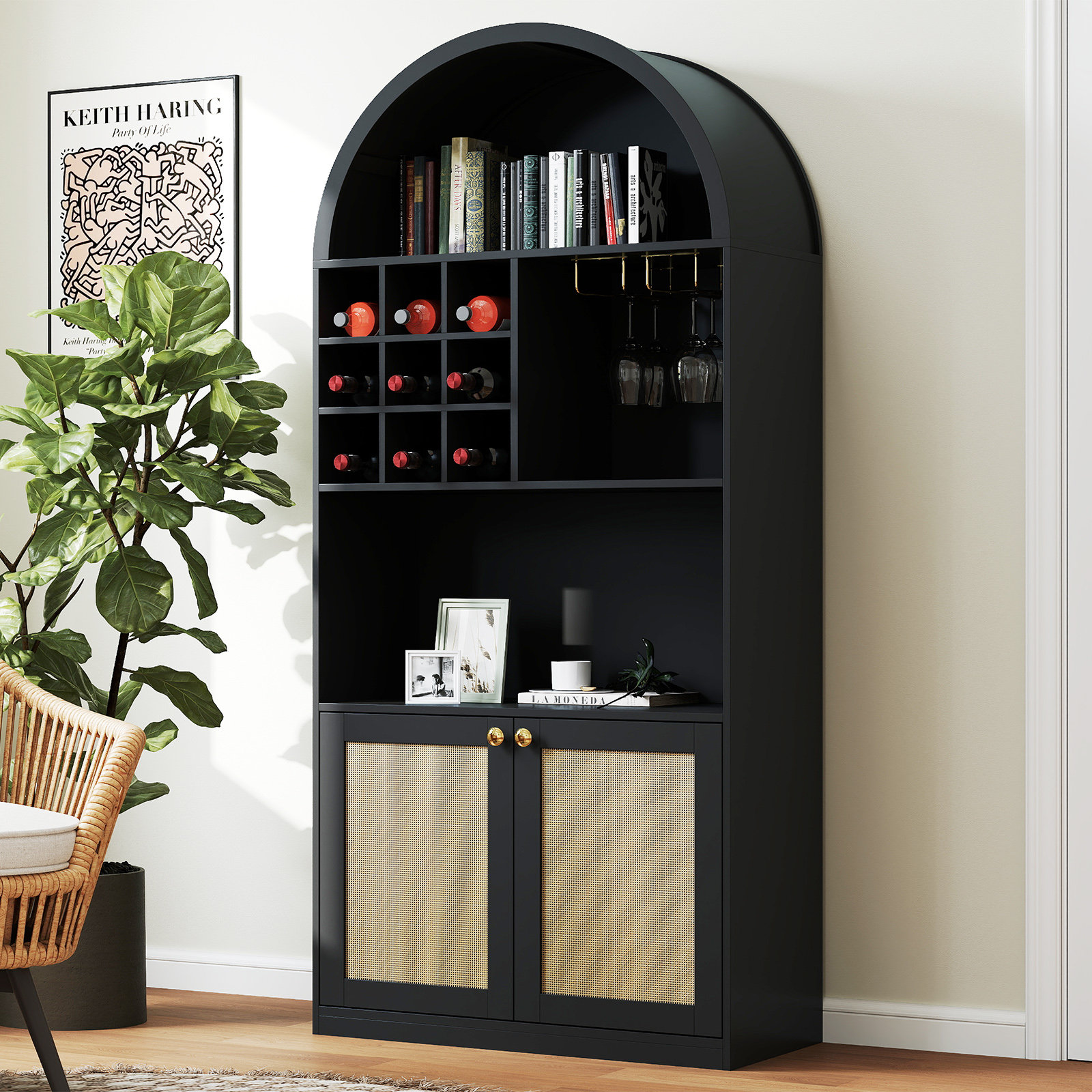 Bay Isle Home™ 70.86" Height Arched Bar Cabinet With Wine Rack, Farmhouse Wine Cabinet With Rattan Cabinet And Open Shelves & Reviews | Wayfair