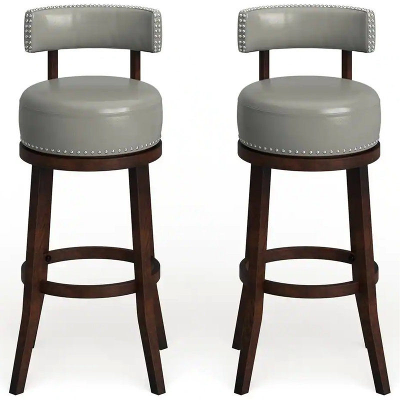 Paire de tabourets de bar pivotants de 30 po, siège et dossier gris foncé, bois de chêne massif, sièges de salle à manger transitionnels, rembourrés avec garniture cloutée 2 tabourets, bois, chaises, séduisant