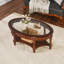 Table basse ovale en verre avec cadre en bois massif et tablette de rangement, table basse moderne Mid Century