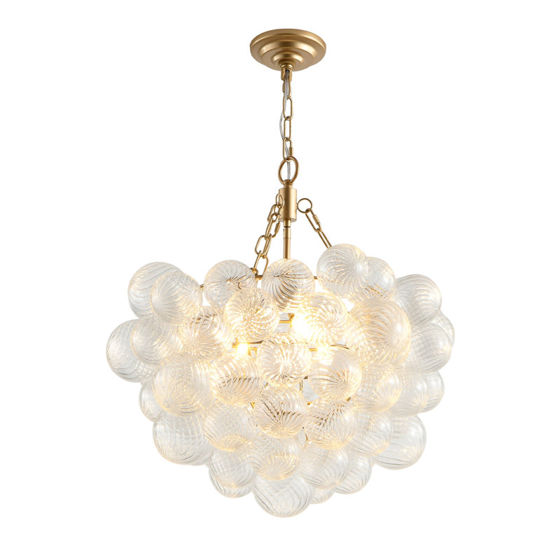 Lustre suspendu doré avec abat-jour sphérique en verre transparent fileté - Hauteur réglable, idéal pour le salon, la salle à manger, la cuisine (sans ampoules)