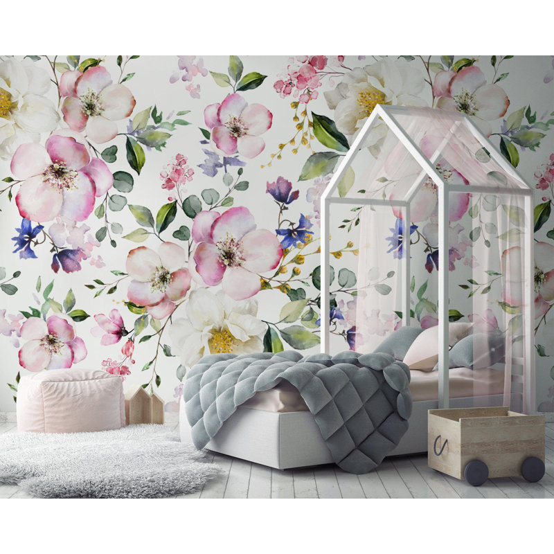 Papier peint amovible aquarelle rose et blanc, L 75 po x l 112 po