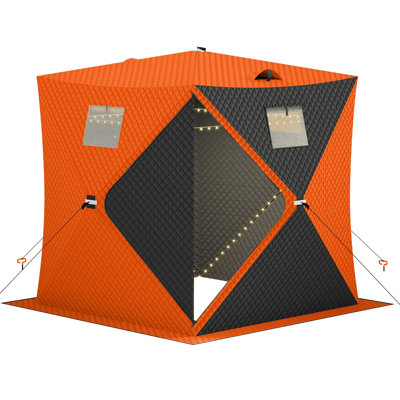 Insulated Pop-Up Ice Fishing Shelter, Portable Hub Tent 49ft LED Light Strip for 1-3 Anglers, Orange+Black