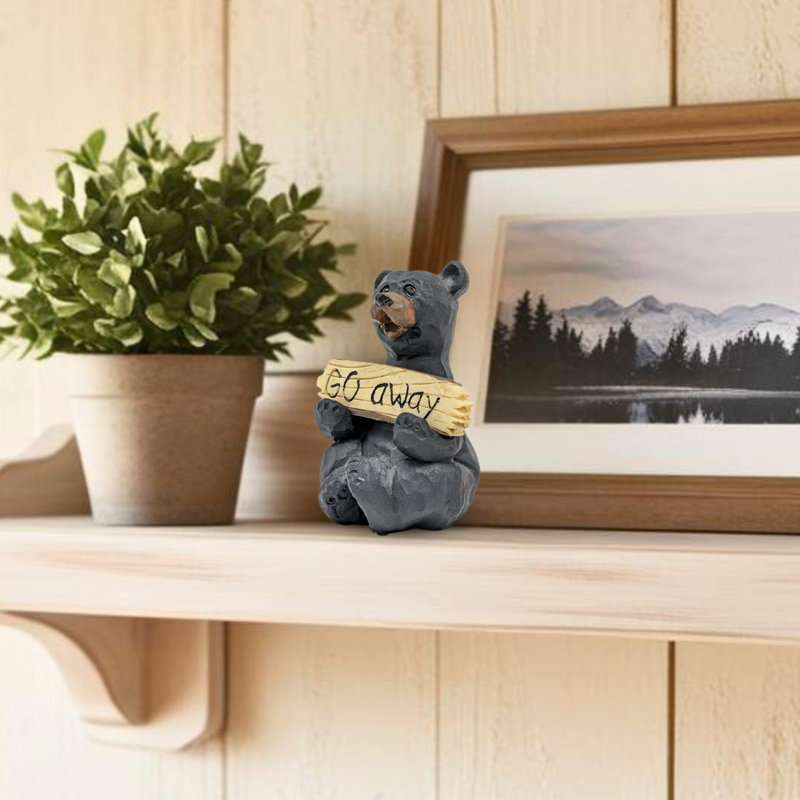 Figurine d'ours noir en résine rustique avec signe réversible Welcome and Go Away pour la maison ou le bureau