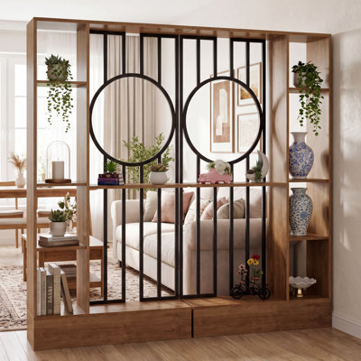 Paravent autoportant avec tablettes de rangement, écran de séparation réversible en panneau de fibres à densité moyenne de 70,9 po avec décorations en métal, séparateur de pièce moderne pour les espaces ouverts