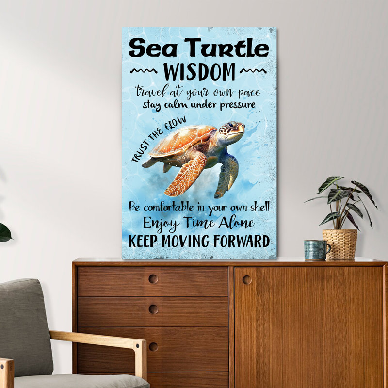 Une tortue de mer - «Sea Turtle Wisdom Enjoy Time Alone Keep Progress» - 1 pièce, impression sur toile tendue