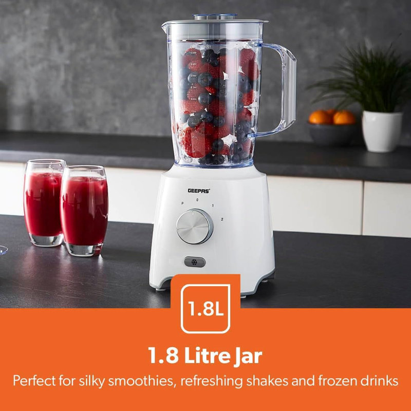 GEEPAS 2-in-1 Food Jug Blender | 1.8L Juice Jar & 60G Mini Coffee Spice Mill | 6-Leaf Stainless-Steel Blades 2 Speed & Pulse Lockable Lid Smoothie Maker Turbo Button for Ice Crushing | 600W