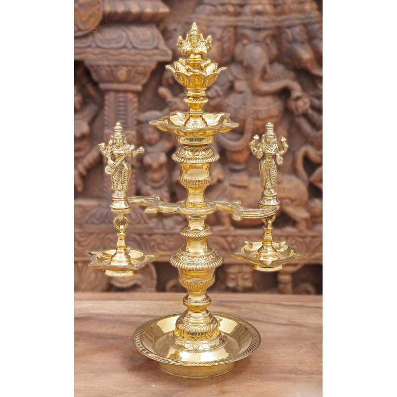 Lampe à huile 17 po en laiton fabriqué à la main Ganesha, Lakshmi et Saraswati - Diya à branches multiples (7,4 lb)