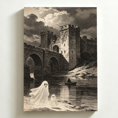 Tableau sur toile d'Halloween 40 x 60 cm. Des fantômes flottent près d'une rivière, une silhouette rame dans une barque, un château se profile à l'arrière-plan. Impression sur toile en noir et blanc. Décoration murale moderne pour chambre, salon et bureau.