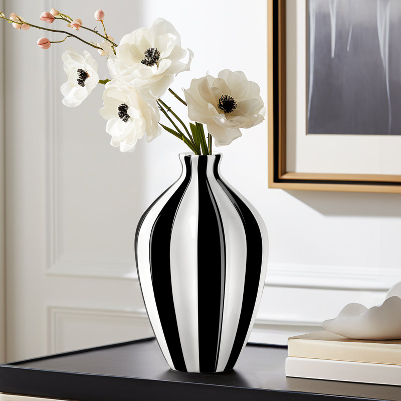  Gelb Handmade 11" Ceramic Black And White Striped Vase, Overall Height - 11.5" 