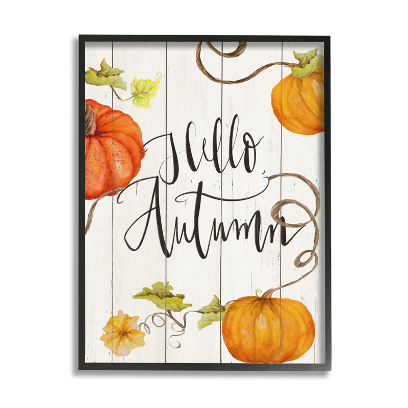 «Hello Autumn Calligraphy», rustique, citrouille, vignes, art numérique sur estampe numérique par Janice Gaynor