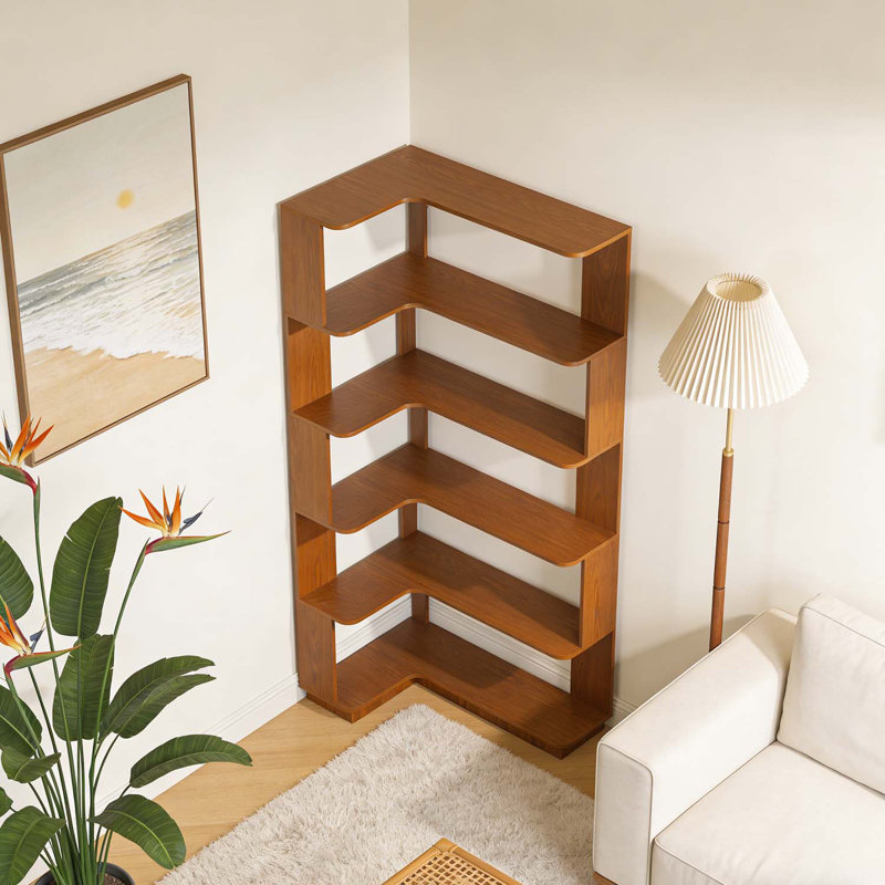 5-Tier L-Shaped Corner Bookshelf for Home and Office, Dark Oak