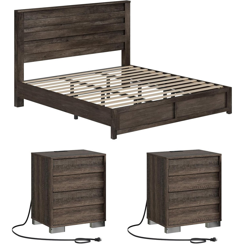 Louby Farmhouse 3 Piece Platform Bed And Nightstand Bedroom Set, Gray, King