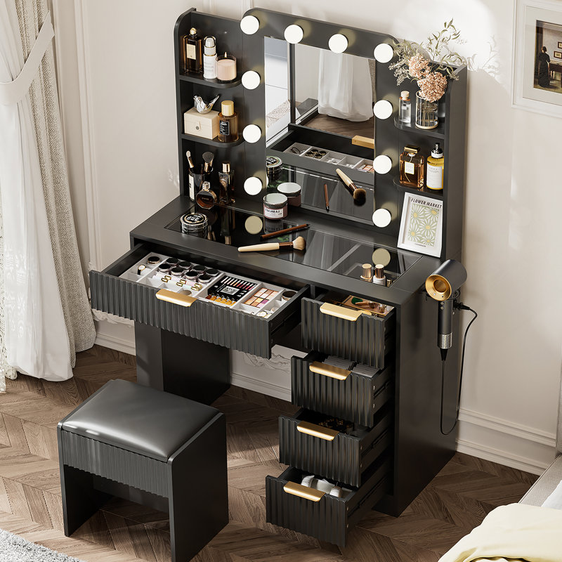 Ensemble de coiffeuse avec miroir et lumières, bureau de coiffeuse et tabouret rembourré avec station de charge, tiroirs de rangement et plateau de table transparent