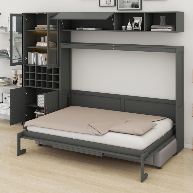 Lit escamotable avec canapé intégré et tablettes, Gris