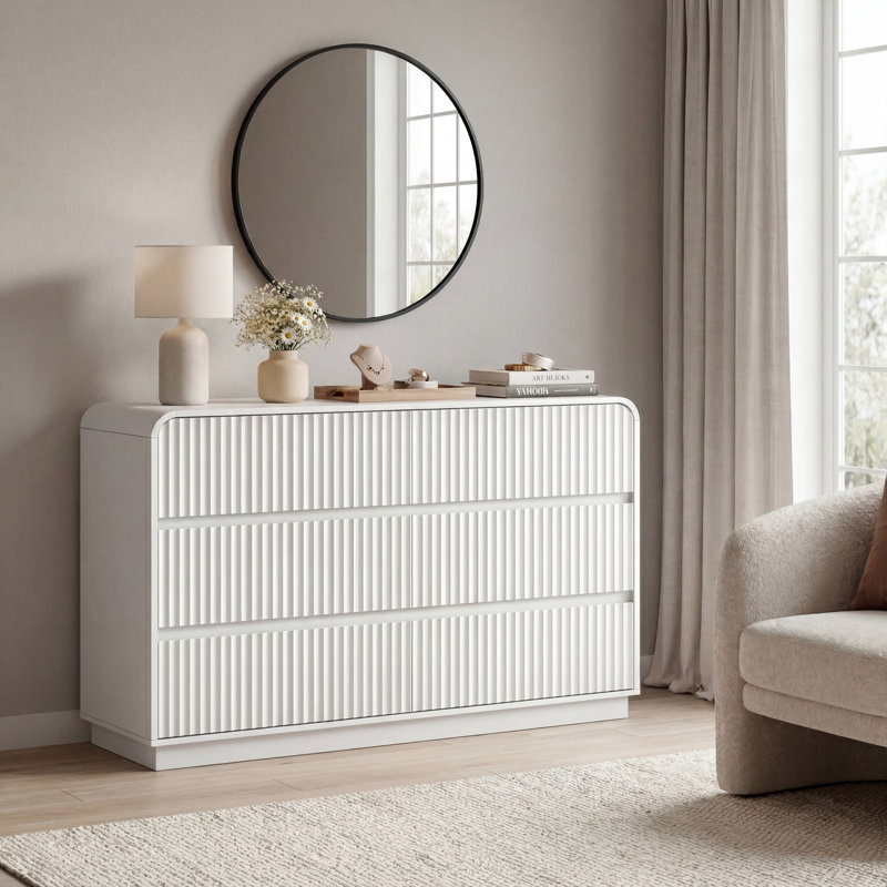 Commode double à 6 tiroirs cannelés pour chambre à coucher avec commode en bois de 47 po de largeur, Blanc