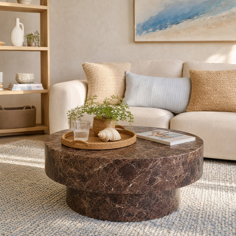 Table basse de luxe moderne avec design en faux marbre - structure en bois massif avec plateau en composite ECC - aucun assemblage requis - résistant aux rayures et aux fissures