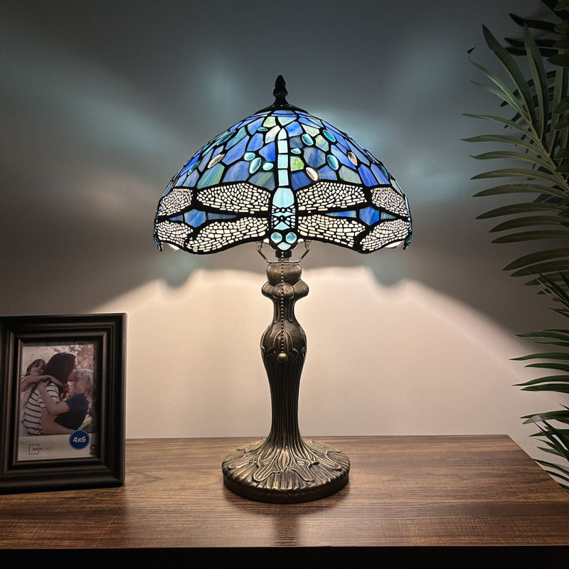 Varley Tiffany Table Lamp Blue Stained Glass Dragonfly LED Bulb Included 12"W*12"D*19"H