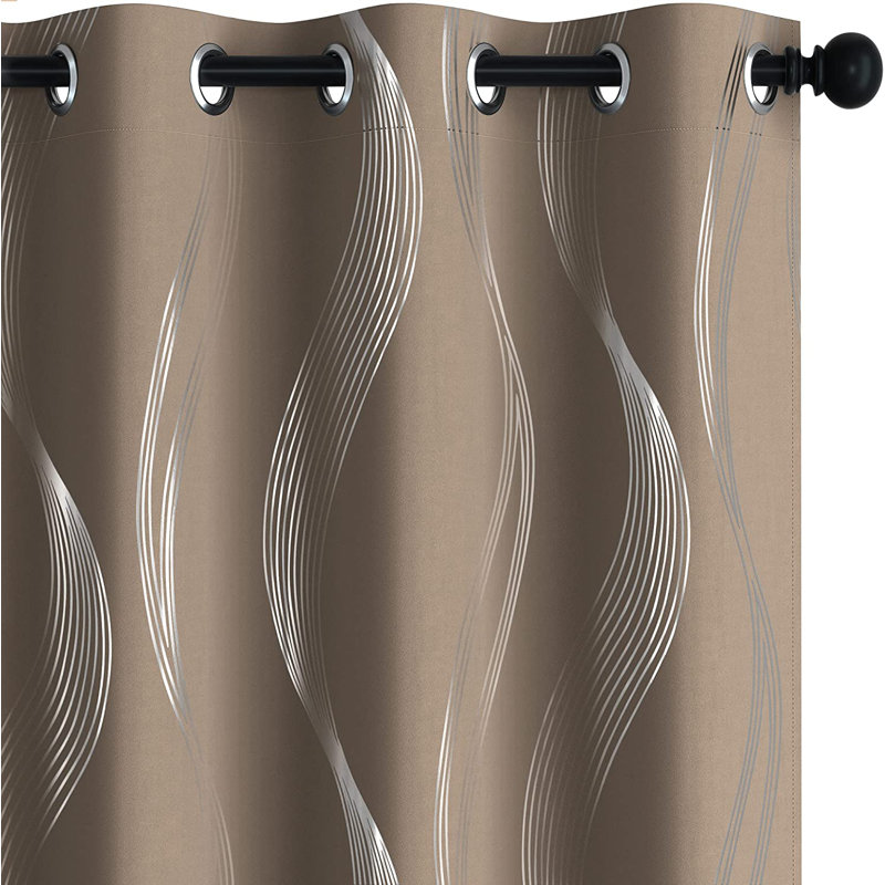 Spurgh Sliver Wave Foil Print Blackout Thermal Grommet Curtain Panels (Set of 2), 42" W x 54" L, Khaki
