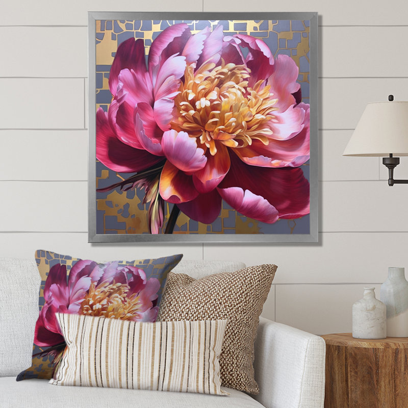 Pivoine rose captivante I, Cadre simple argenté, H 16 po x l 16 po x P 1 po