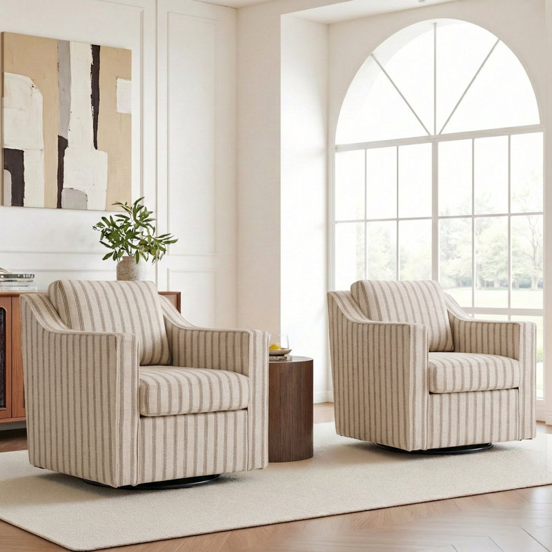 Bronnen Big And Wide Upholstered Pinstripe Light Brown Cushion Swivel Armchair with Removable Back and Seat Cushion (Set of 2)