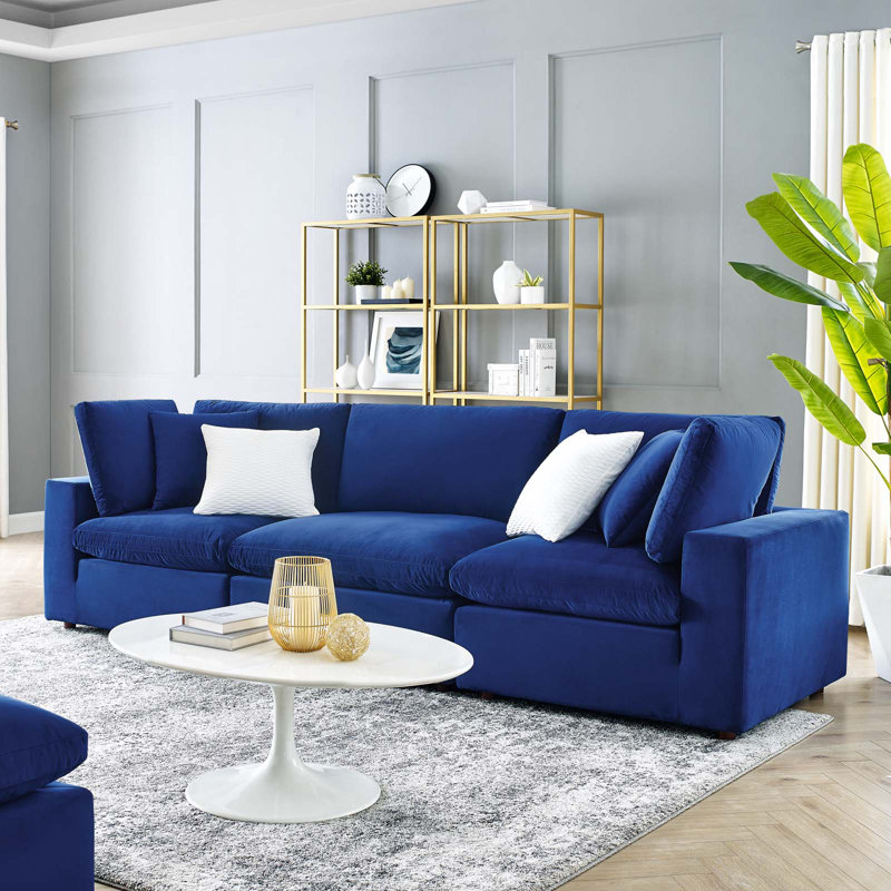 Modway Commix Down Filled Overstuffed Performance Velvet 3-Seater Sofa, Navy