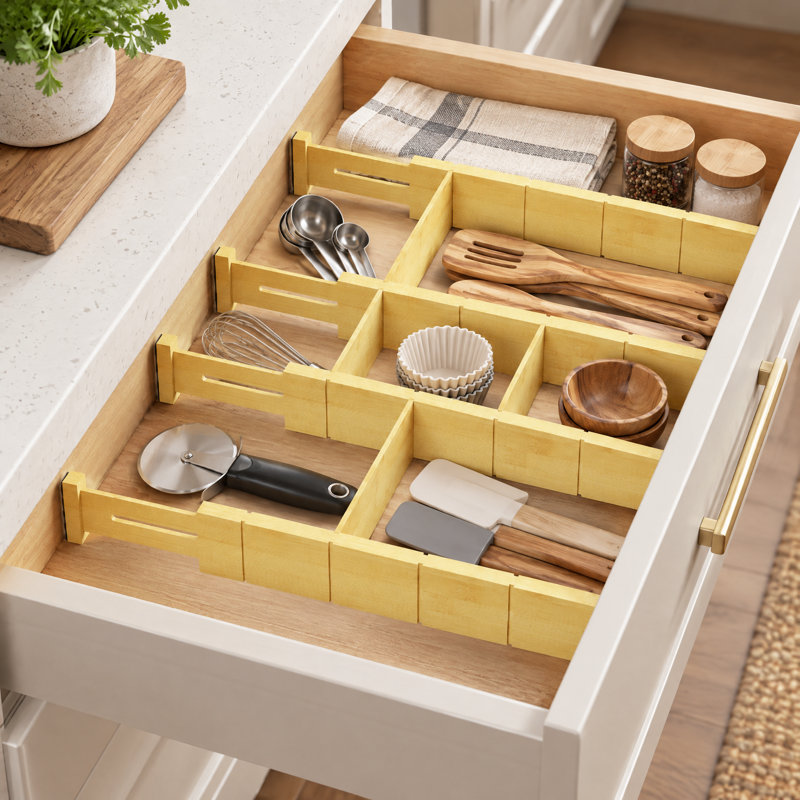 Organisateur de séparateur de tiroir réglable en bambou avec insertions et étiquettes, séparateurs de tiroir extensibles, ensemble de 4 insertions de 9 insertions pour la cuisine, la commode et le bureau