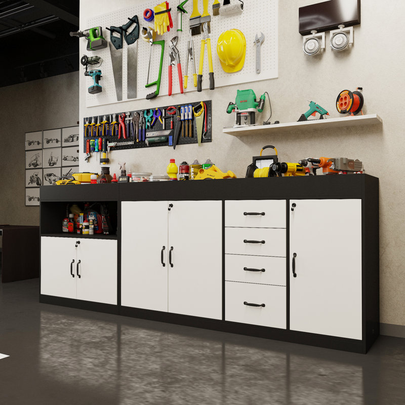 Two-Piece Garage Cabinet With Five Doors With Locks And Four Drawers