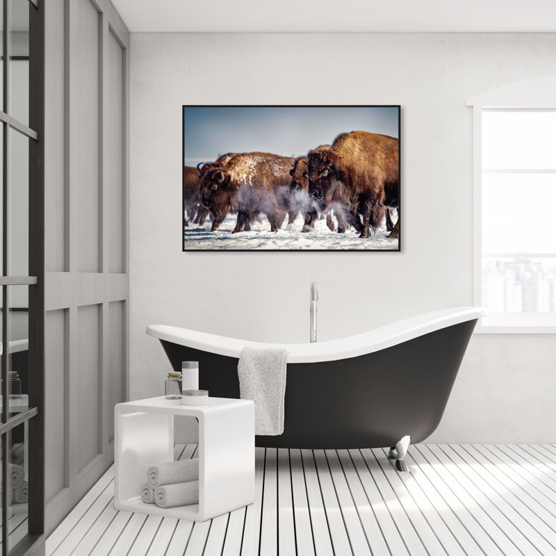 Buffalo Herd In A Snow Landscape Print, 31" H x 46" W, Black Framed