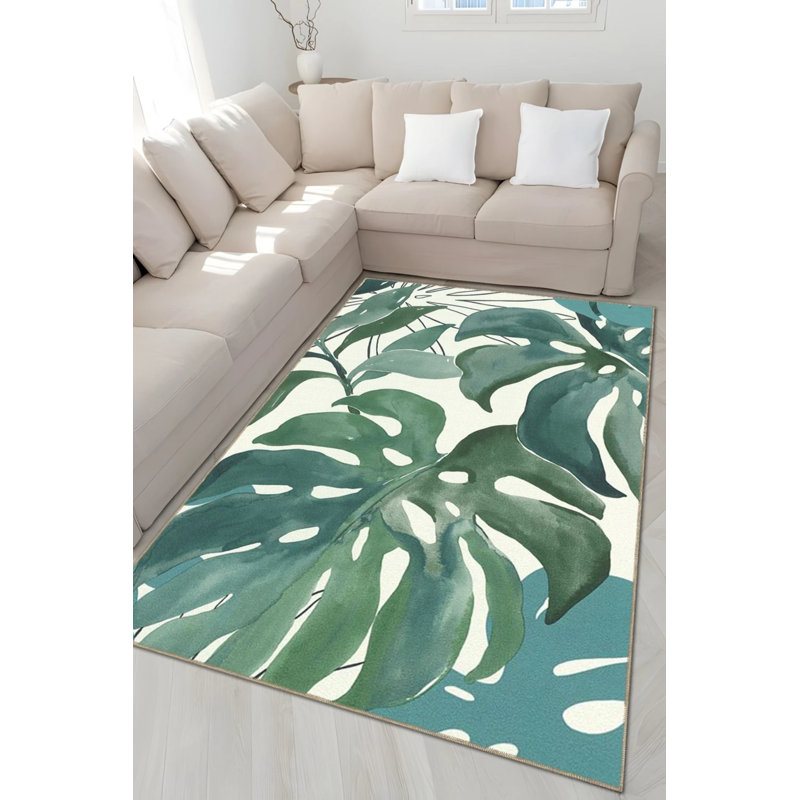 Tapis décoratif moderne à motif de feuilles vertes, Rond 3 pi 4 po