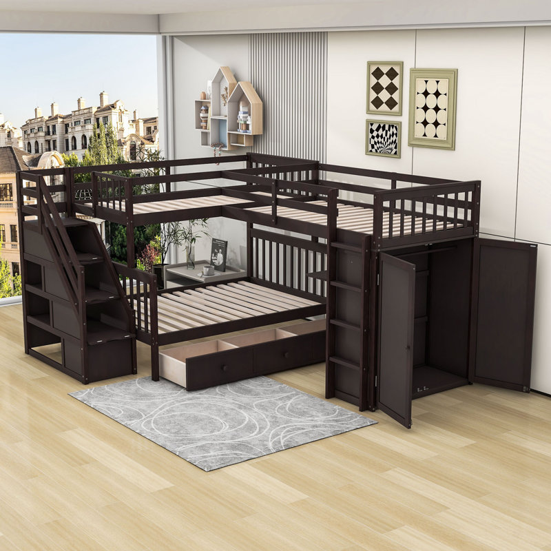 Ilina Twin over Full 3 Drawer L-Shaped Bunk Bed with Built-in-Desk by Harriet Bee, Espresso