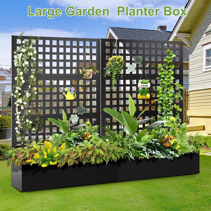 Metal Planter Box with Trellis Planter Trellis for Climbing Plants Vegetable Vines, Black, 71'' H X 47'' W X 16'' D