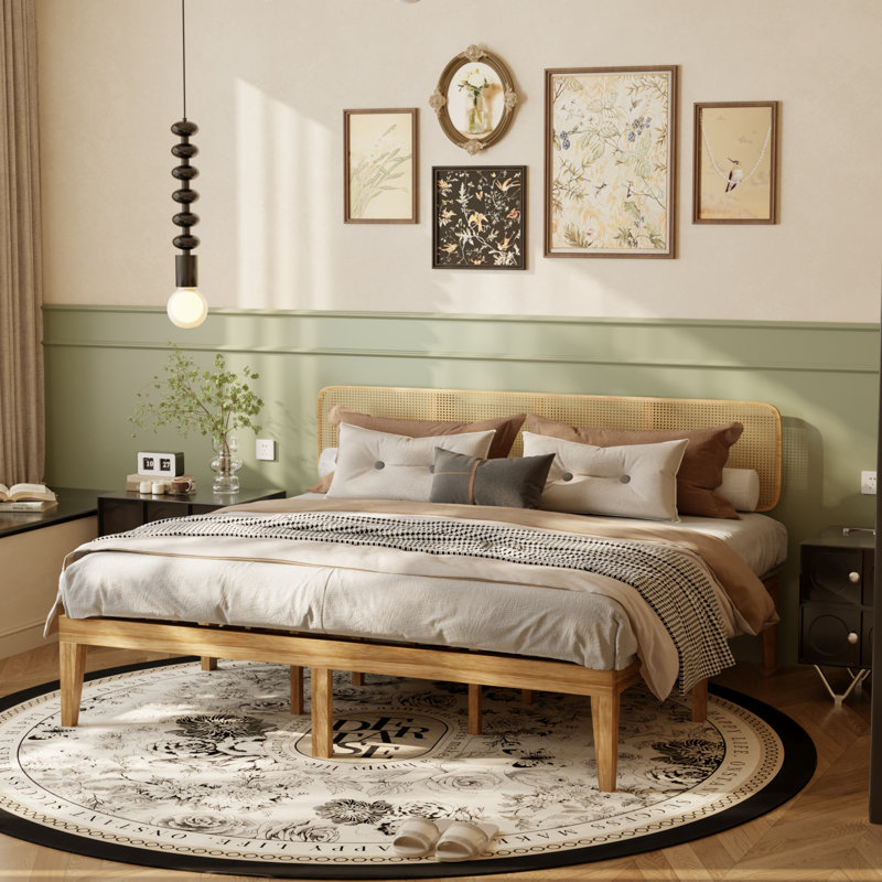Kingsize Solid Wood Platform Bed Frame, Natural Finish -  76.8” L X 79.5” W X 41” H