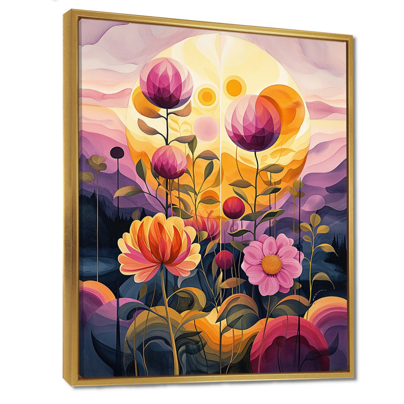 Fleurs mauves, paysage, soleil éclatant - botanique, art mural, Cadre doré flottant, bois massif, H 32 po x l 24 po
