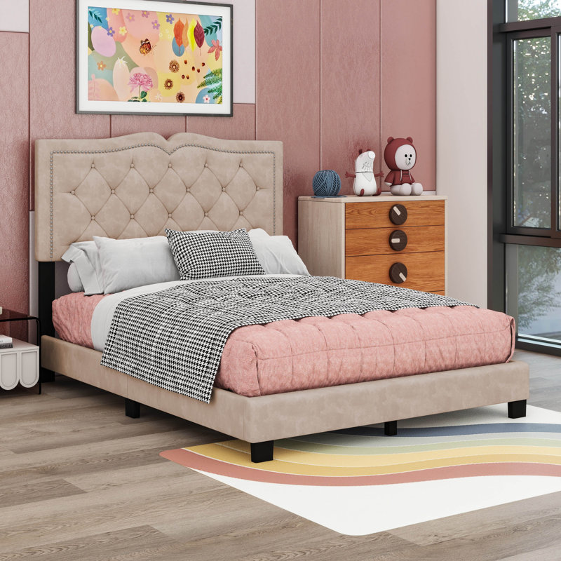 Lit plateforme tapissier Bilgehan, Beige, Grand