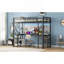 Lit mezzanine simple polyvalent avec bureau, tablettes et conception en L pour une configuration de chambre fonctionnelle et peu encombrante.-1551468050-1551468049