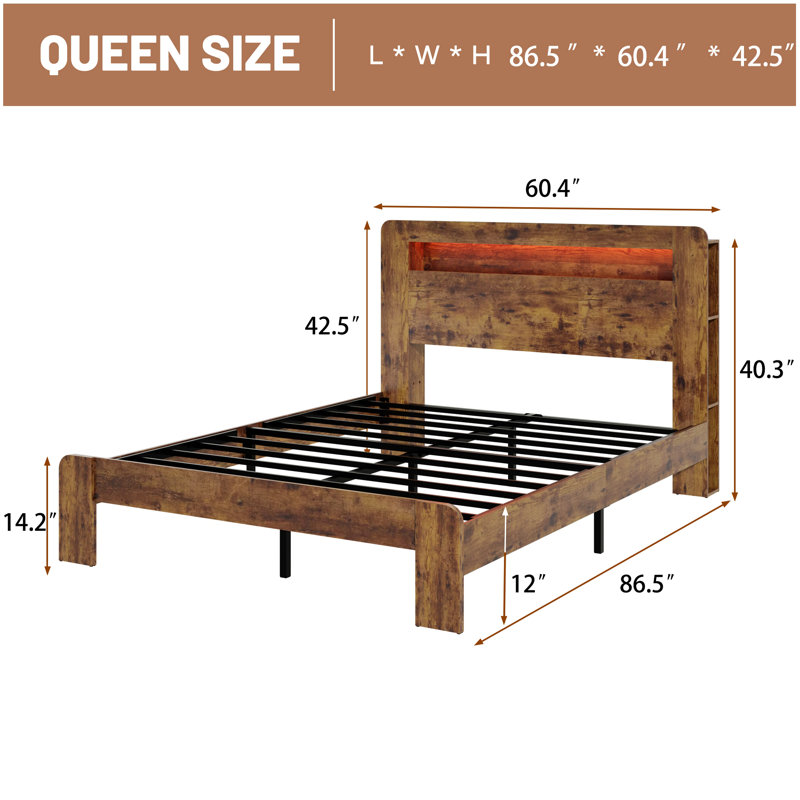 Cadre de lit, cadre de lit plateforme en bois avec tête de lit à DEL avec rangement et 2 ports USB, Grand lit, Marron foncé