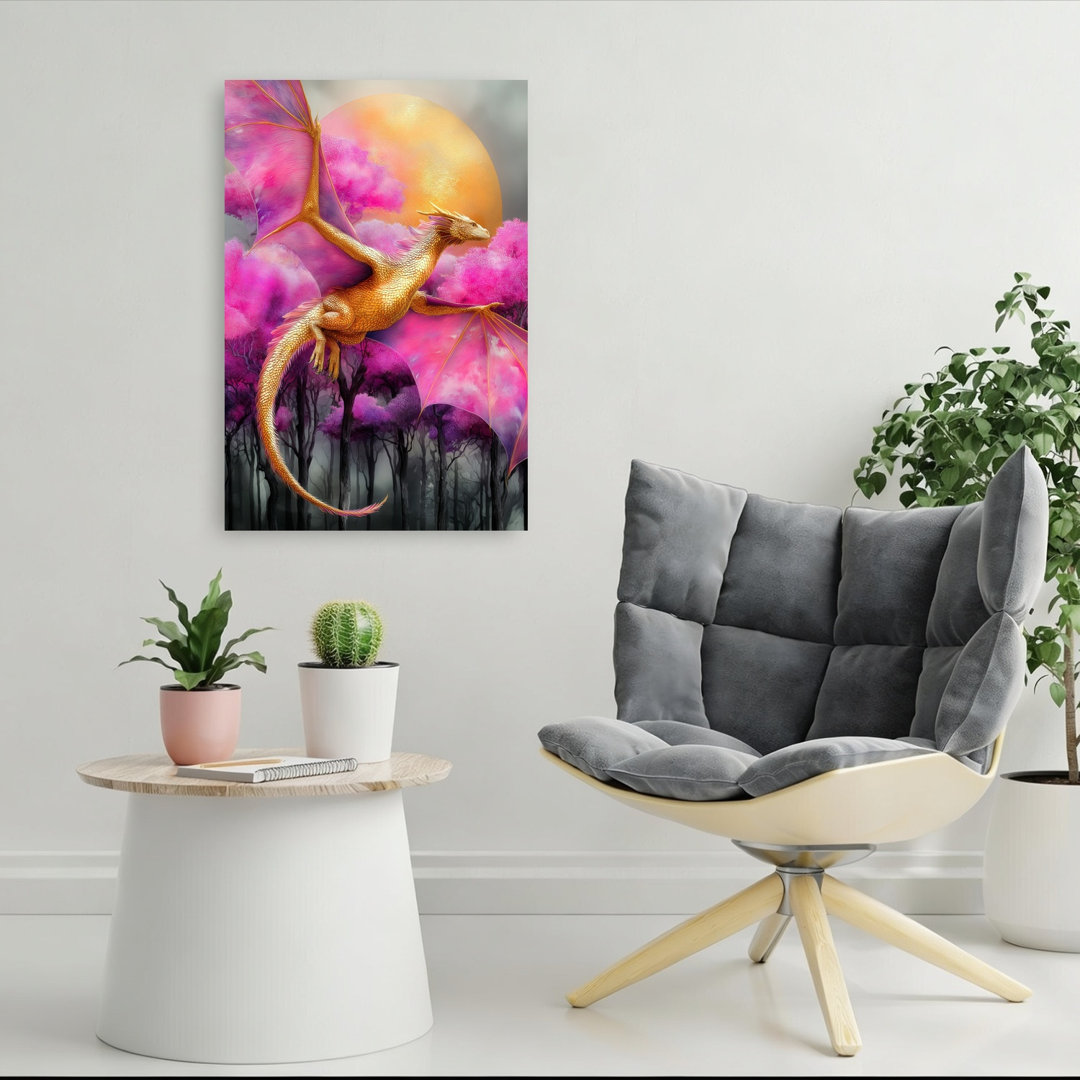 Enchanted Golden Dragon Ethereal Mystical Vibrant Forest Landscape Wall Art Print