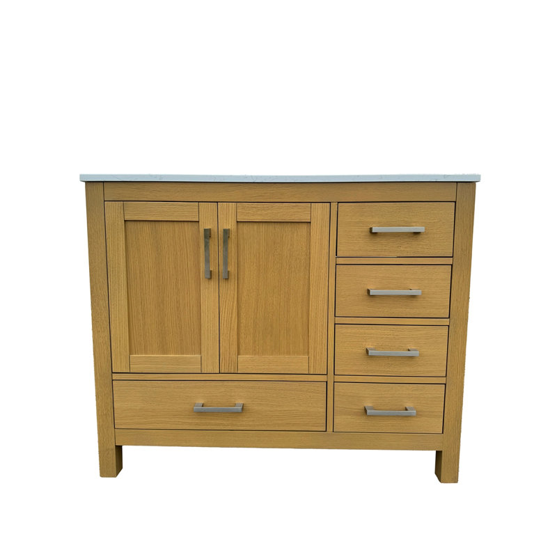 Meuble-lavabo 42 po avec lavabo et trou pour robinet, meuble-lavabo avec 2 portes et 5 tiroirs en chêne