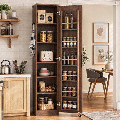 Garde-manger étroit avec 12 tablettes de rangement, armoire de rangement mince à porte simple de 72 po avec 6 tablettes réglables, support de porte et roulettes verrouillables